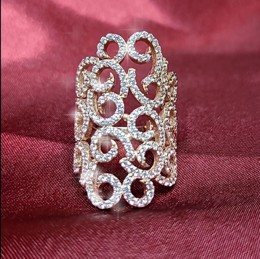 TR .925 Pure Silver 18k Rose Gold Plated Ring Lace Pave' CZ Glamour! Size 7.75